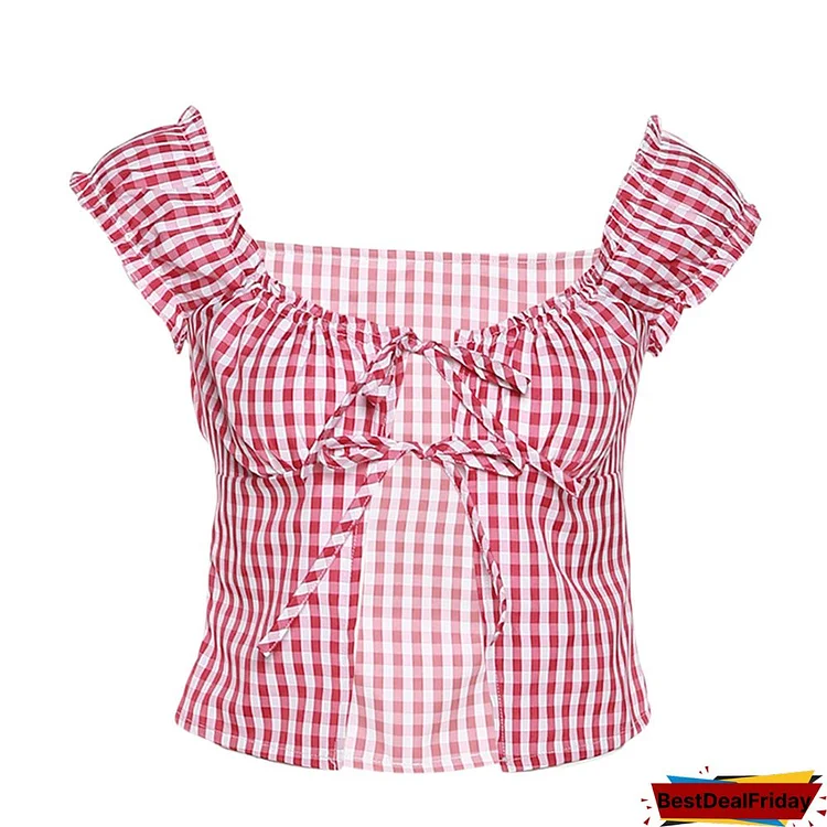 Xingqing Fairy Grunge Plaid Crop Top Summer Women Short Sleeve Tie Up Bandage Vest Kawaii Off Shoulder T Shirt Female Clothes