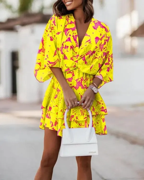Women's Floral Print Kimono Sleeve Mini Dress