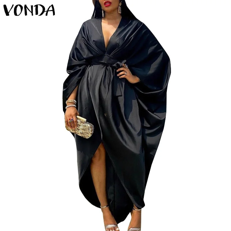 Summer Deep V Neck Party Dress VONDA Women Sexy  Irregular Hem Solid Party Dresses 2022 Bohemian Casual Vestidos Kaftan Robe