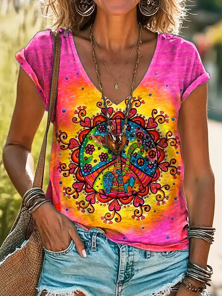 Women's Hippie Tie Dye Art Print 100%Cotton V-neck T-Shirt