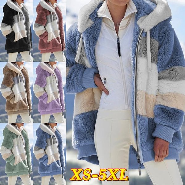 Trendy Fashion Women Jackets Long Sleeve Multicolor Patchwork Faux Fur Coat Thick Warm Zip Up Hoodie Plush Loose Jacket Autumn Winter Outwear With Pockets - Shop Trendy Women's Fashion | TeeYours