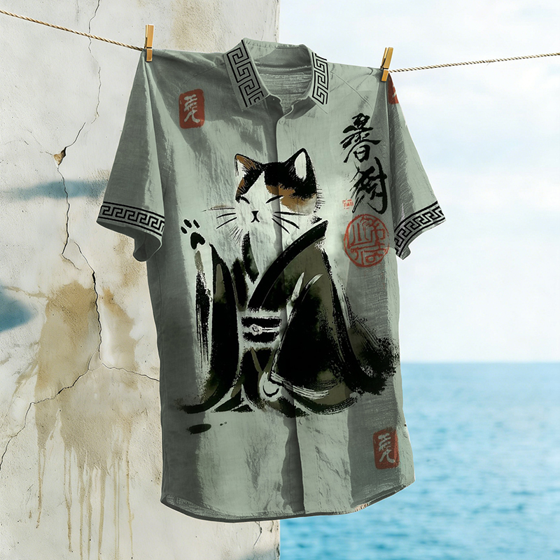 Comstylish Japanese Cat-themed Vacation Print Shirt