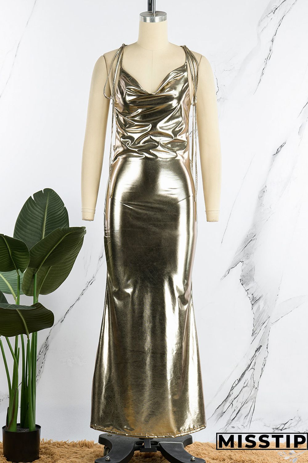 Gold Sexy Solid Bandage Backless V Neck Long Dress Dresses