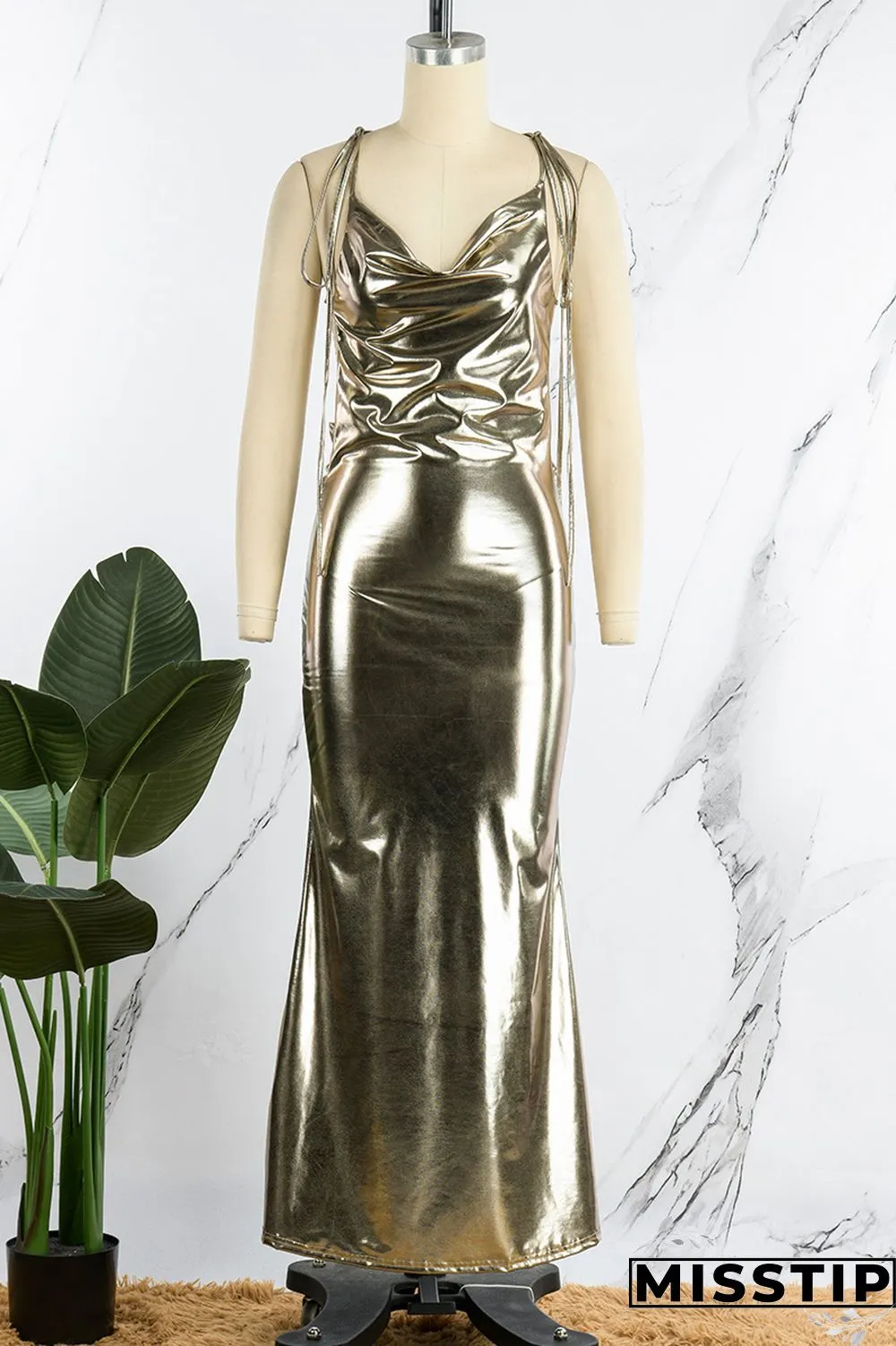 Gold Sexy Solid Bandage Backless V Neck Long Dress Dresses