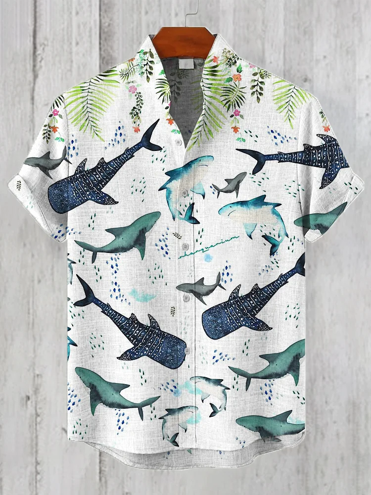 Floral Shark Pattern Men's Linen Shirt