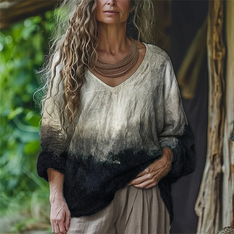 Utbros Classy Contrast Dyed V Neck Linen Tunic
