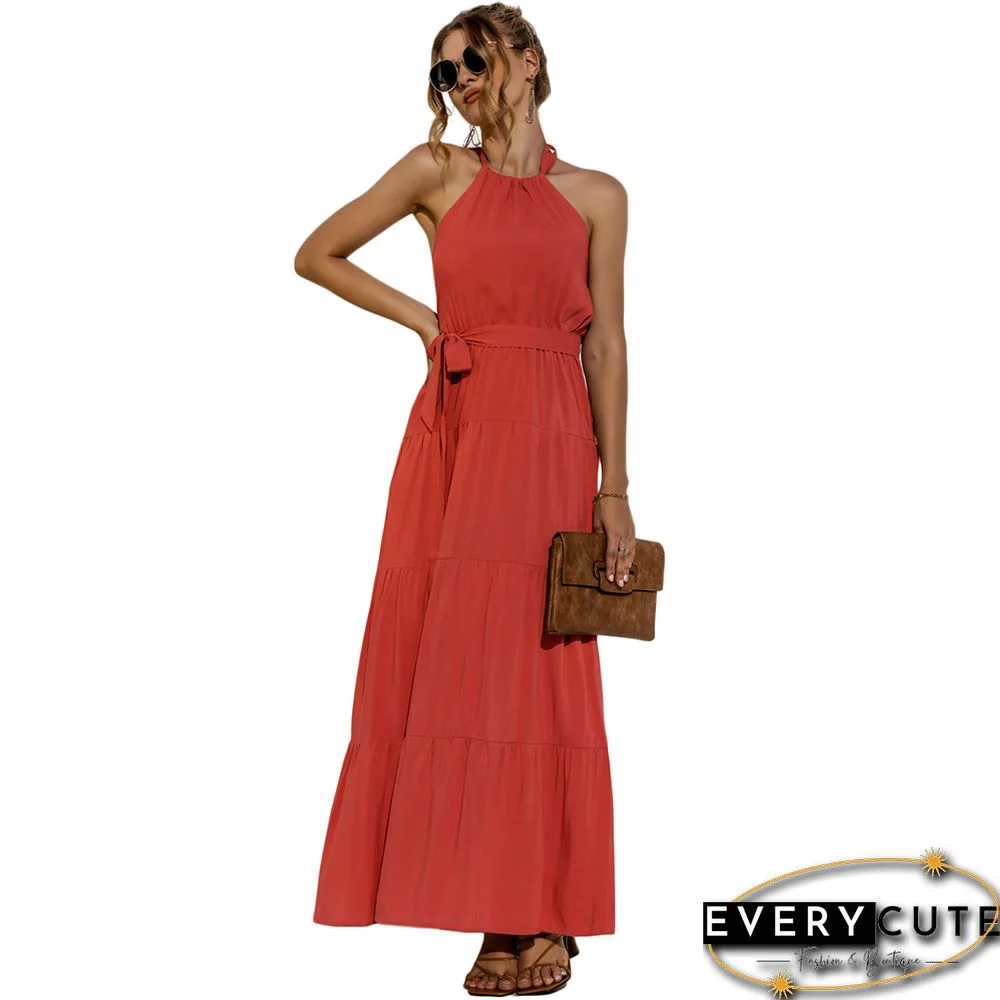 Orange Open Back Tie Waist Halter Maxi Dress