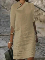 Cgacest Spring Summer Casual Loose Dress 2025 Women Button Neck Design Half Sleeve Midi Dresses For Women Elegant Beach Party Dresses