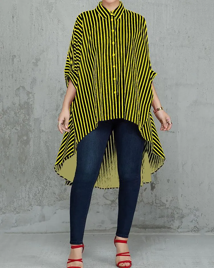 Brownm Button Comfortable Versatile Loose Striped Shirt