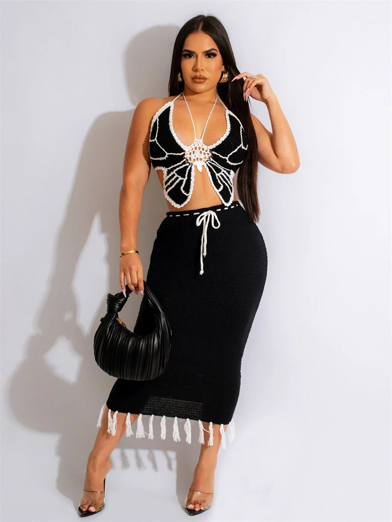 Hand Crochet Knitted 2 Piece Set Dress Women Summer Butterfly Shape Lace Up Backless Crop Tops Drawstring Tassel Maxi Skirt Suit
