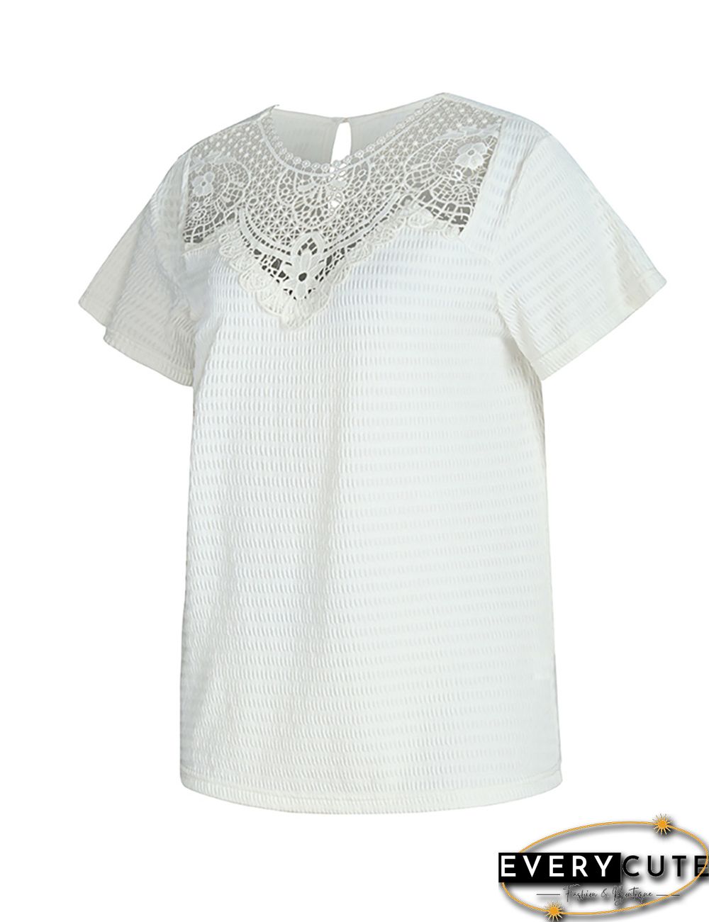White Splicing Lace Knit Jaquard Short Sleeve Tops