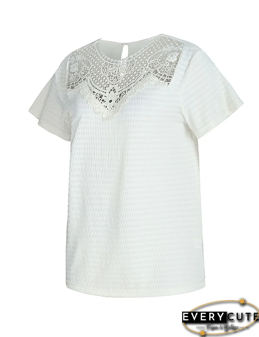 White Splicing Lace Knit Jaquard Short Sleeve Tops