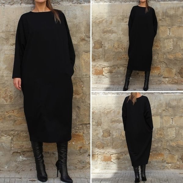 Plus Size Women Long Sleeve O-Neck Casual Black Sweatshirt Dress Autumn Winter Warm Jumper Dresses - BlackFridayBuys