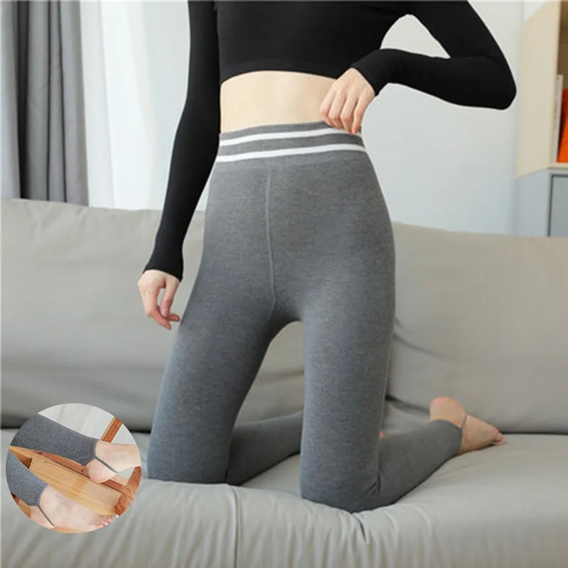FINETOO Winter Velvet Leggings Body Slimming Cold-resistant Woman Striped Waist Legging Stretchy Comfortable Warm Fleece Pants