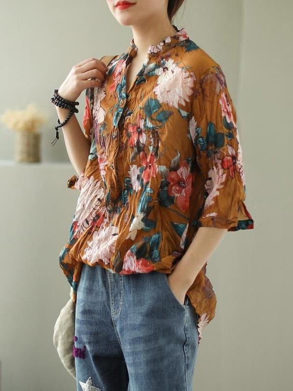 Vintage Floral Three-Quarter Sleeve Stand Collar Shirt