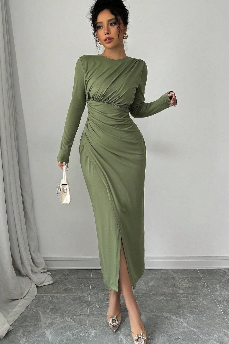 Lvs&Broner Long Sleeves Jewel Neck Tea Length Prom Dress With Split Pleated