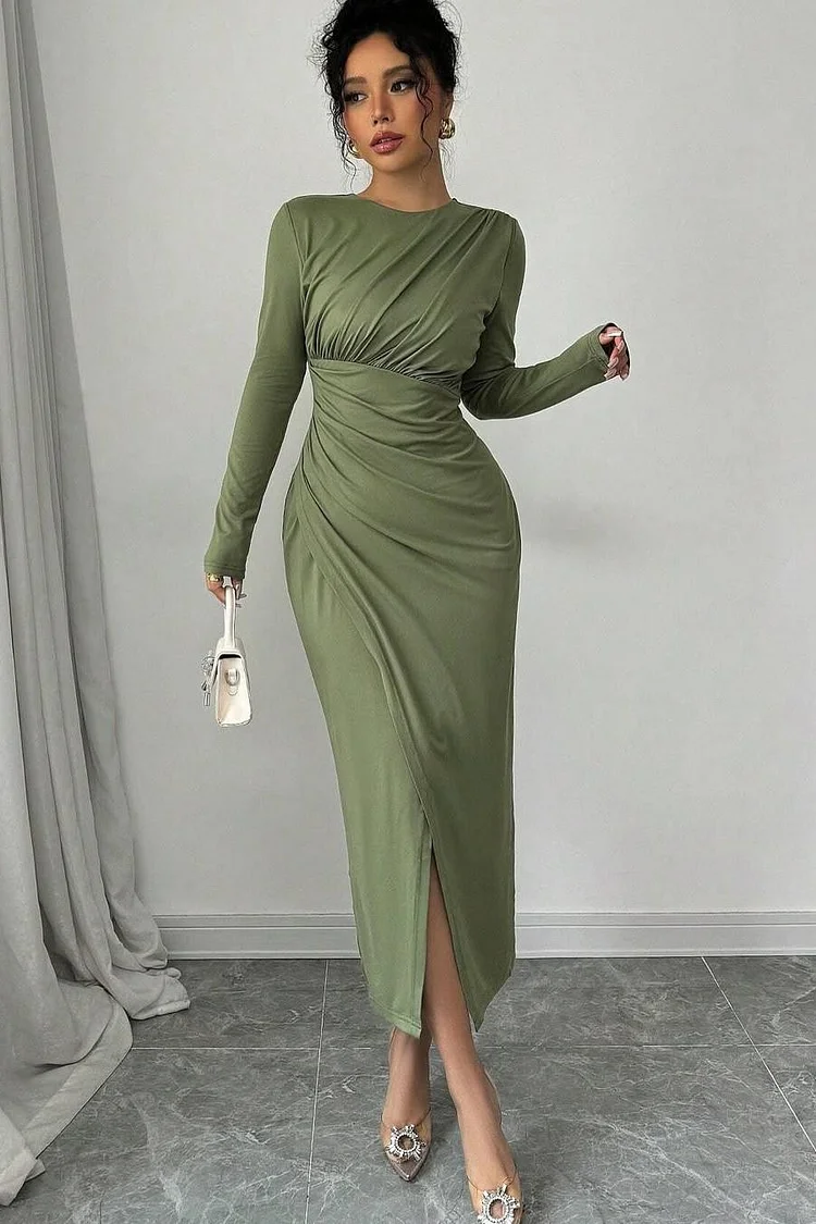  Long Sleeves Jewel Neck Tea Length Prom Dress With Split Pleated XJ0532