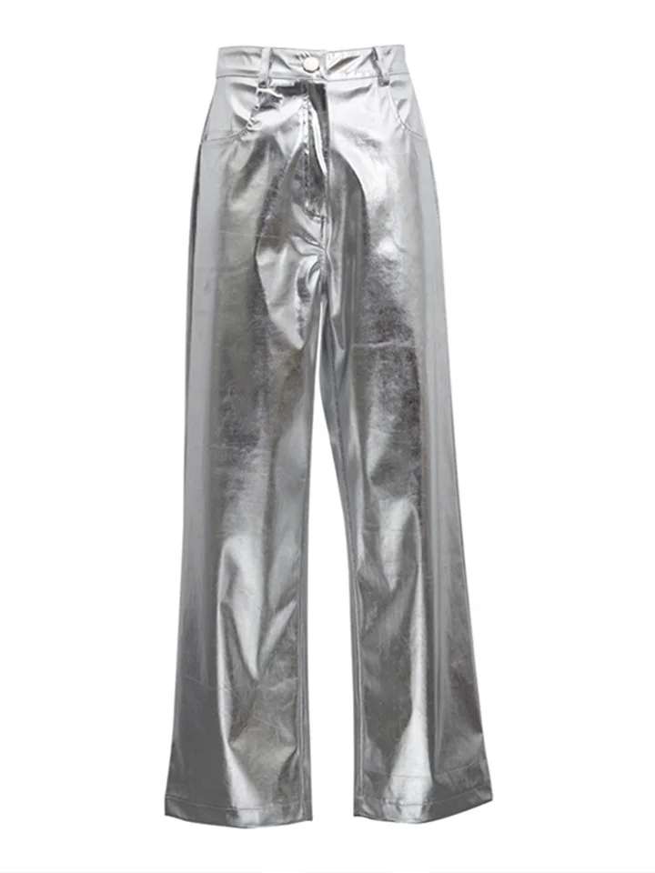 Women's Street High Waist Reflective Metallic PU Leather Pants Women Fashion Trend Pants S-L-Cosfine