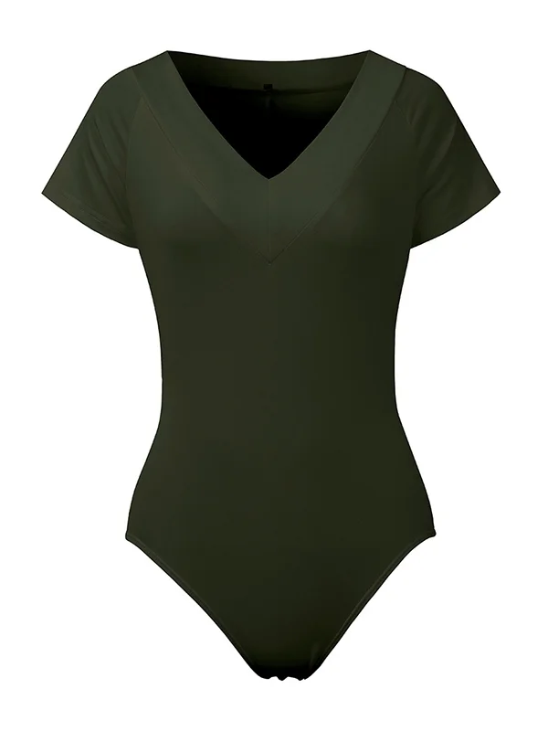 Solid Color Simple V-Neck One-Piece Swimwear 
