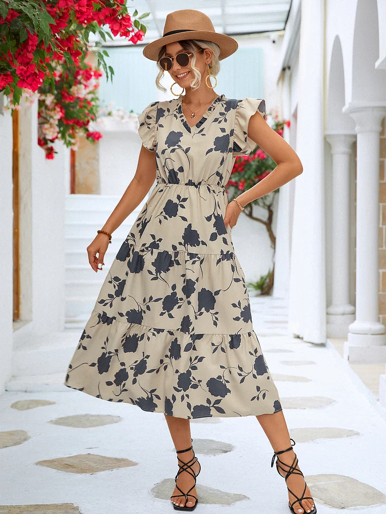 Elegant Fashion Floral Print High Waist V Neck Ruffle Sleeve Hem Midi Dress
