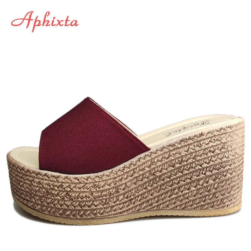 Aphixta 9cm Wedge Heels Mule Wine red Slides Beach Platform Women Slippers Appliques Hairball Female Sandals Clog Shoes Women