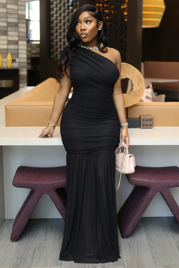Wrinkle One Shoulder Sleeveless Party Maxi Fishtail Dresses-White