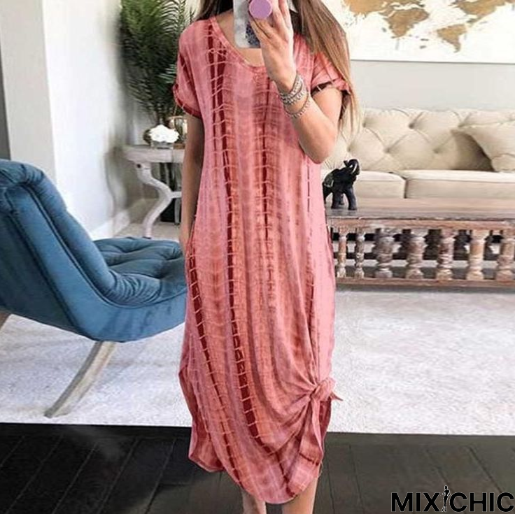 Baggy Print Scoop Neck Short Sleeve Maxi Dress