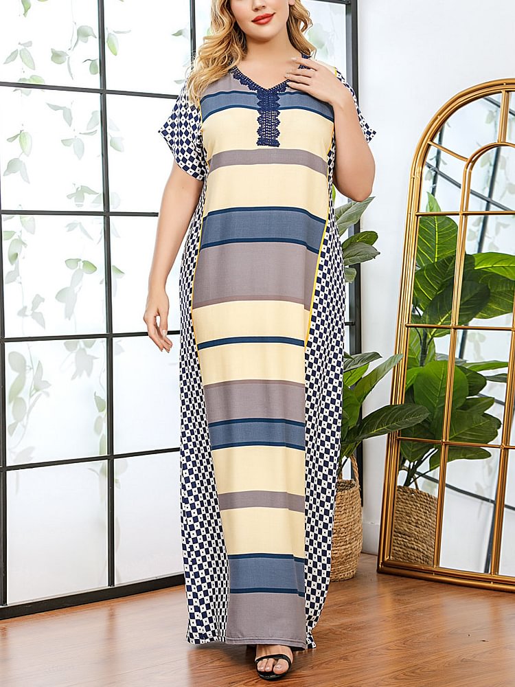 Color block grid printed loose dress