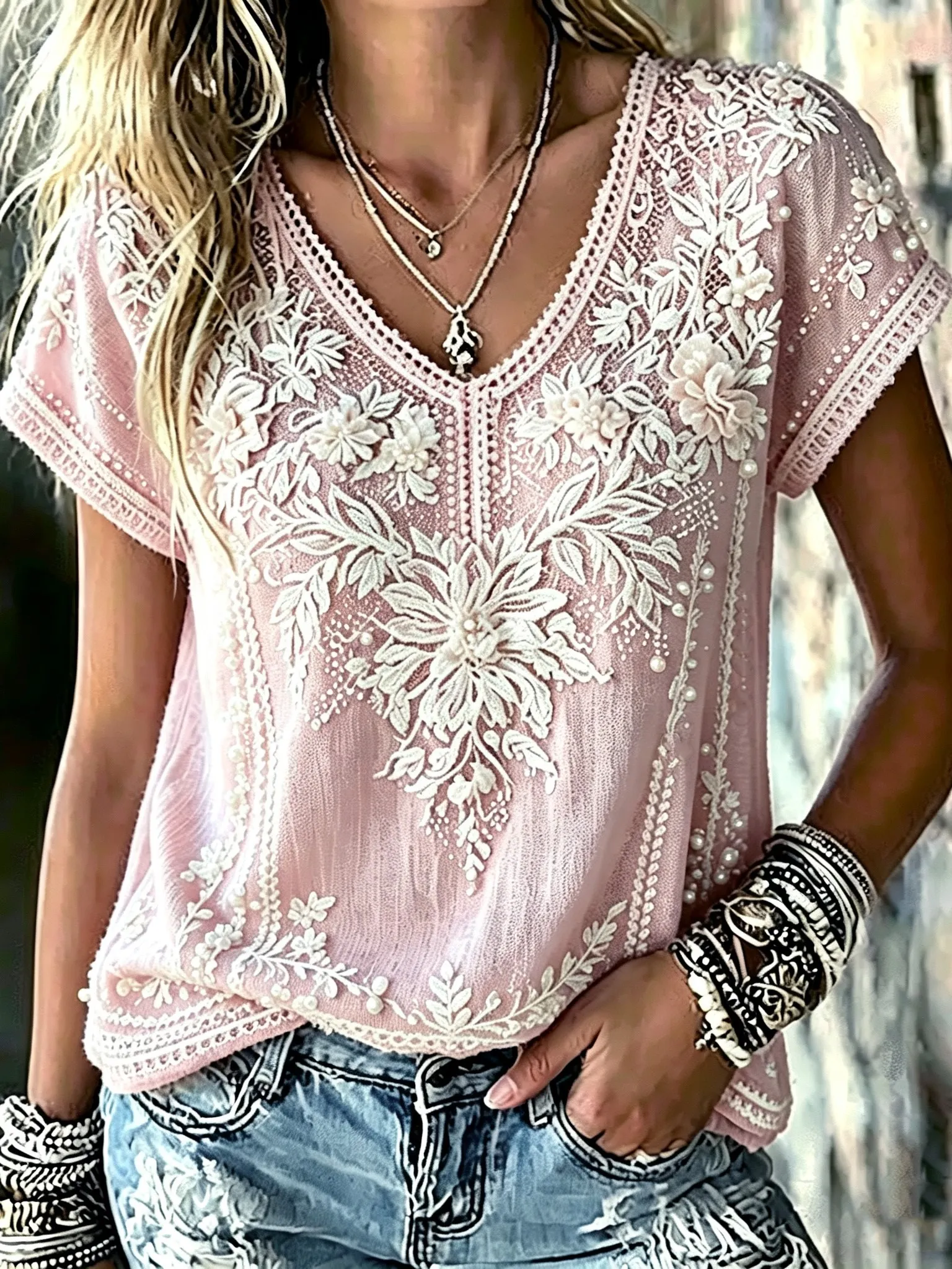 Comstylish Women's Retro Japanese Floral Embroidery Print Cotton Linen T-shirt
