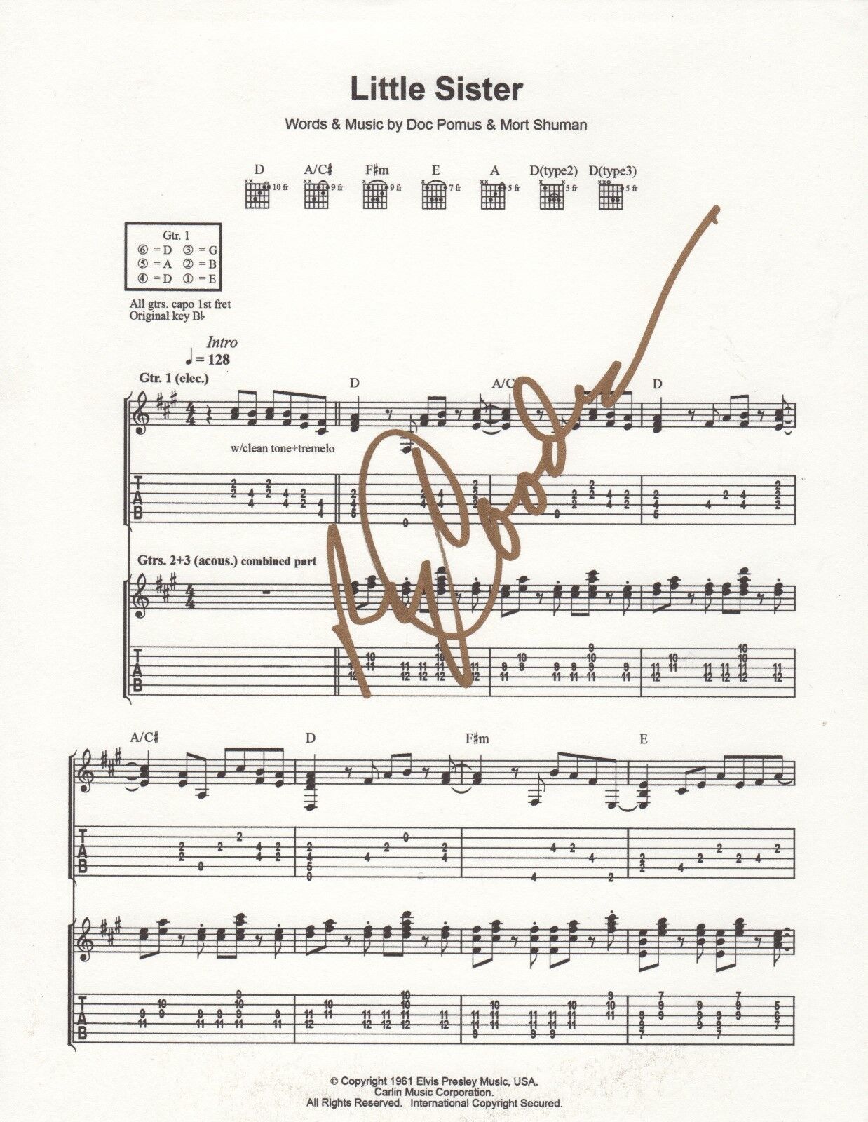 Ry Cooder musician REAL hand SIGNED Little Sister sheet music COA Autographed