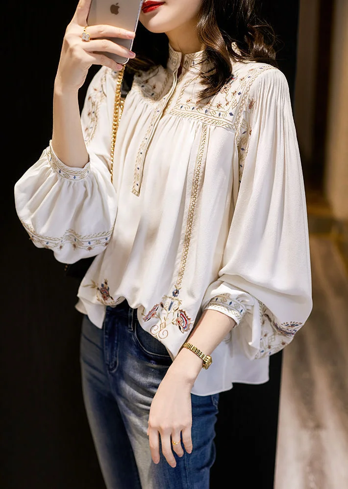 M-XXXL Bohemian Style White Floral Printed Stand Collar Loose Blouse SP16971