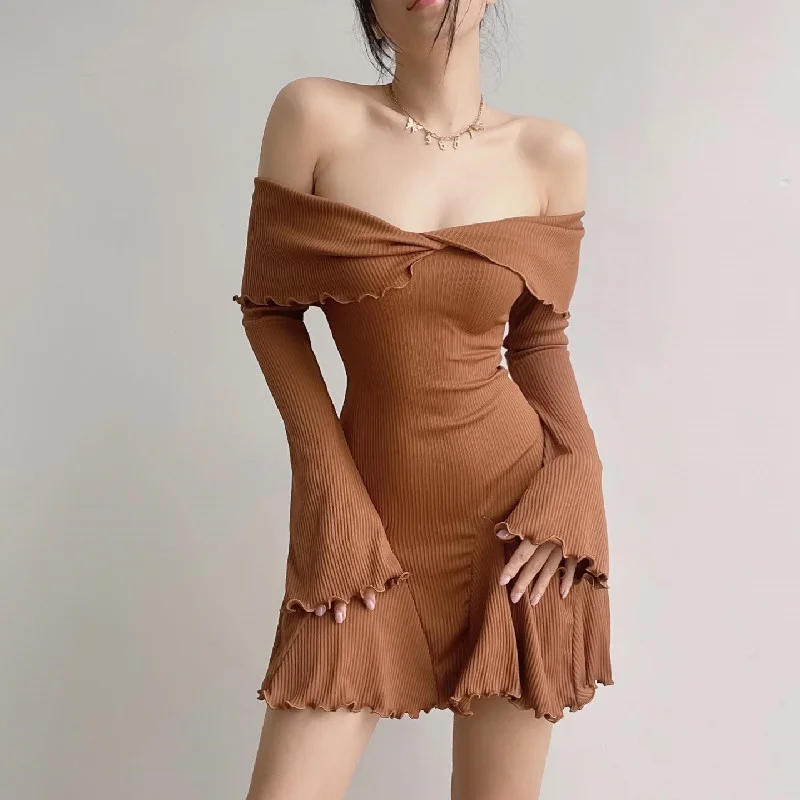 Uveng Uveng Winter New Women's Sweet Sexy Pure Desire Slim Thread One Word Shoulder Long Sleeve Dress