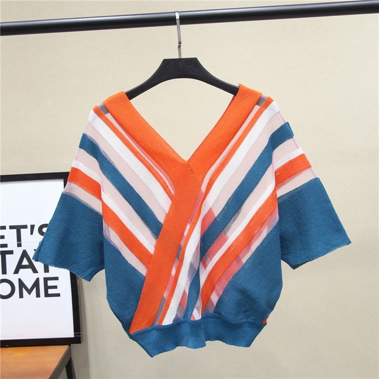 V-neck Bat Sleeve Ice Silk Knitted Sweater Women Thin Striped Contrast Color Sleeves Stretch Sweater Pullover Female Spring 2021