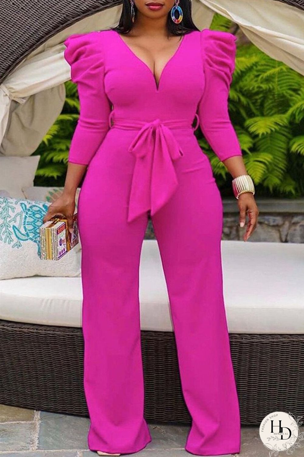 Rose Red Fashion Casual Solid With Belt V Neck Regular Jumpsuits