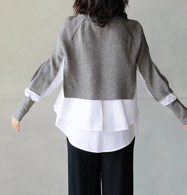 Gray Knit White Blouse Twofer Sweater