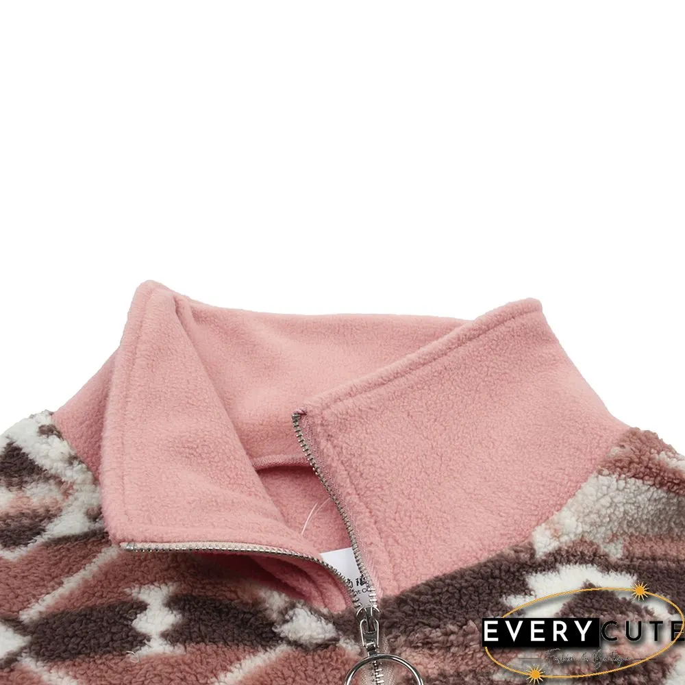 Pink Splice Print Polar Fleece Warm Pullover Sweatshirt