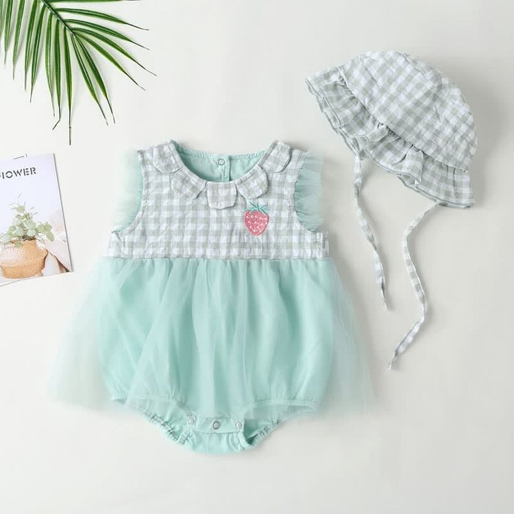 Baby Strawberry Plaid Skirted Bodysuit with Hat