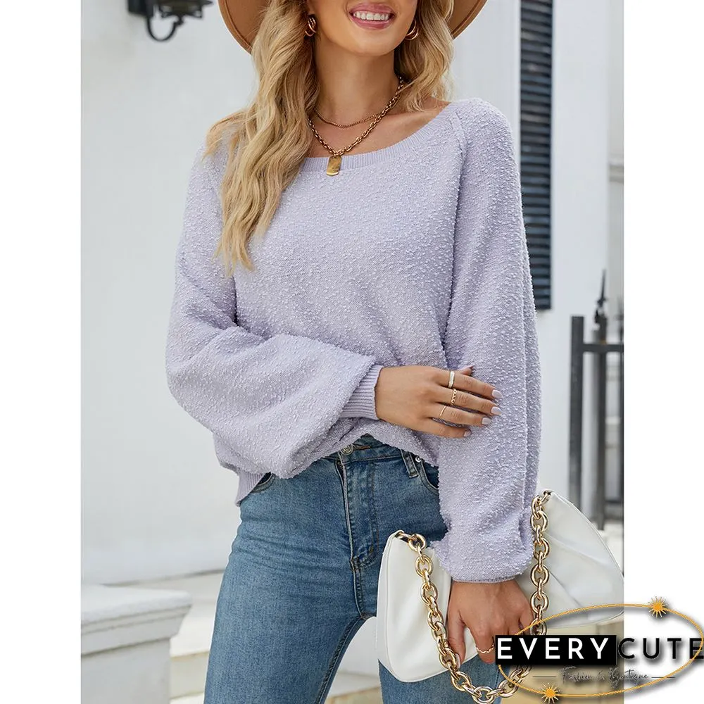 Purple Solid Color Crew Neck Knit Sweater