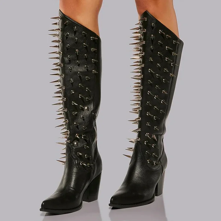 Pointed Toe Vintage Rivets Western Boot Women's Chunky Heel Knee High Boots |FSJ Shoes