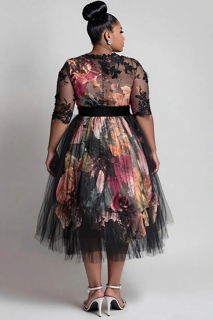 Xpluswear Design Plus Size Wedding Guest Satin Black All Over Print Round Neck Short Sleeve See Through Elegant Tulle Midi Dresses [Pre-Order]