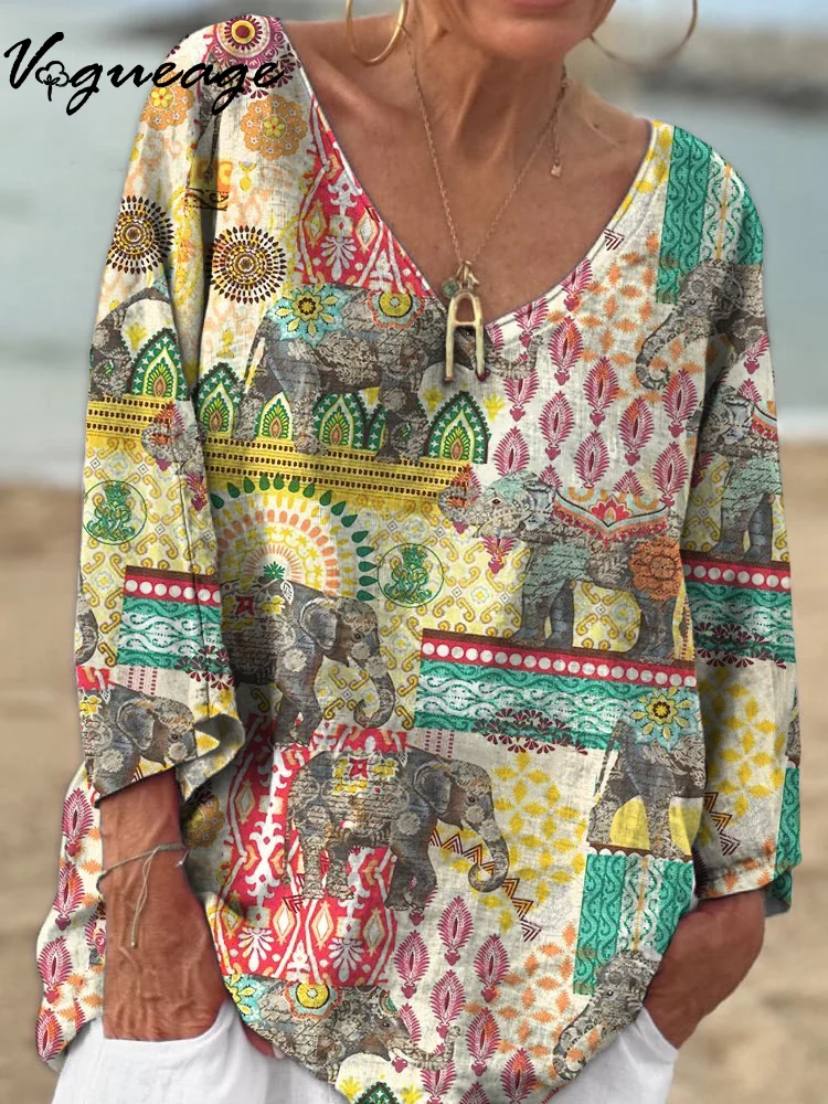 Elephants In Costumes And Beautiful Plants 3/4 Sleeves Printed Cotton And Linen Shirt