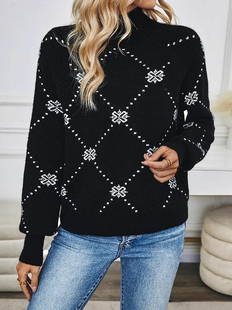 Contrast Color Flower Print Geometric Split-Joint Long Sleeves Loose Half Turtleneck Sweater Tops