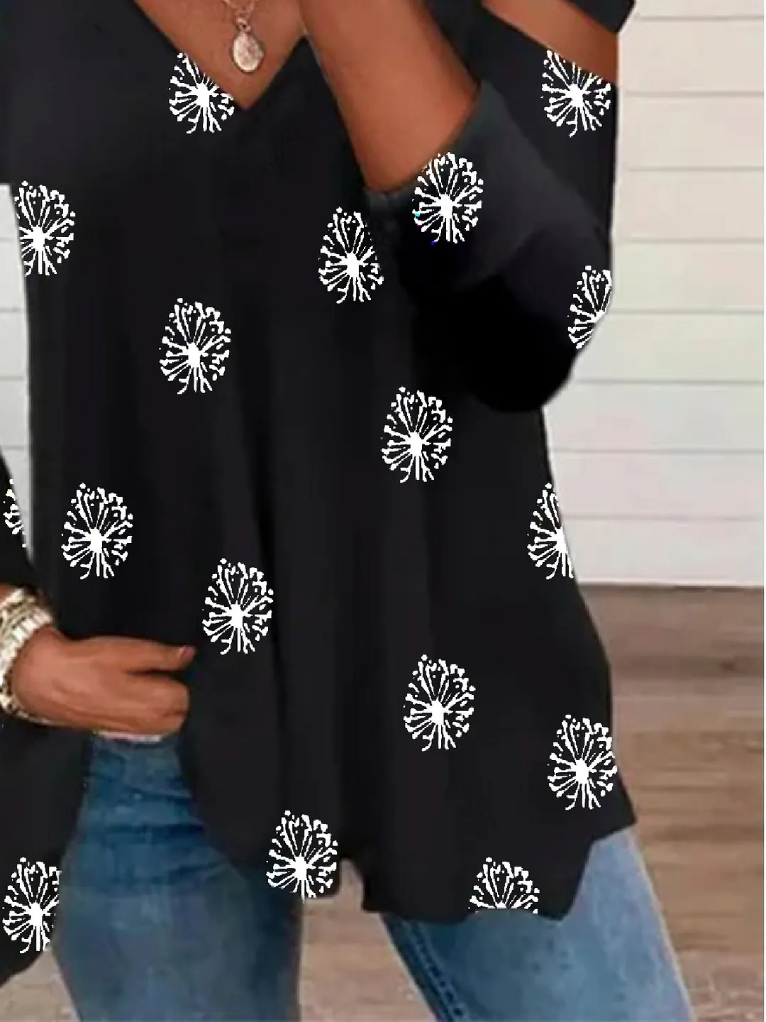 Casual Dandelion V neck Loose Long Sleeve T-Shirt