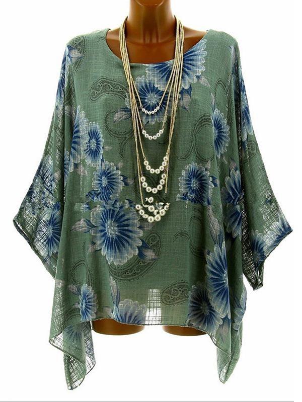 Round Neck Long Sleeve Floral Blouse & Shirts