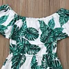Kids Girl Off-shoulder Printed Green Leaf Jumpsuit Set