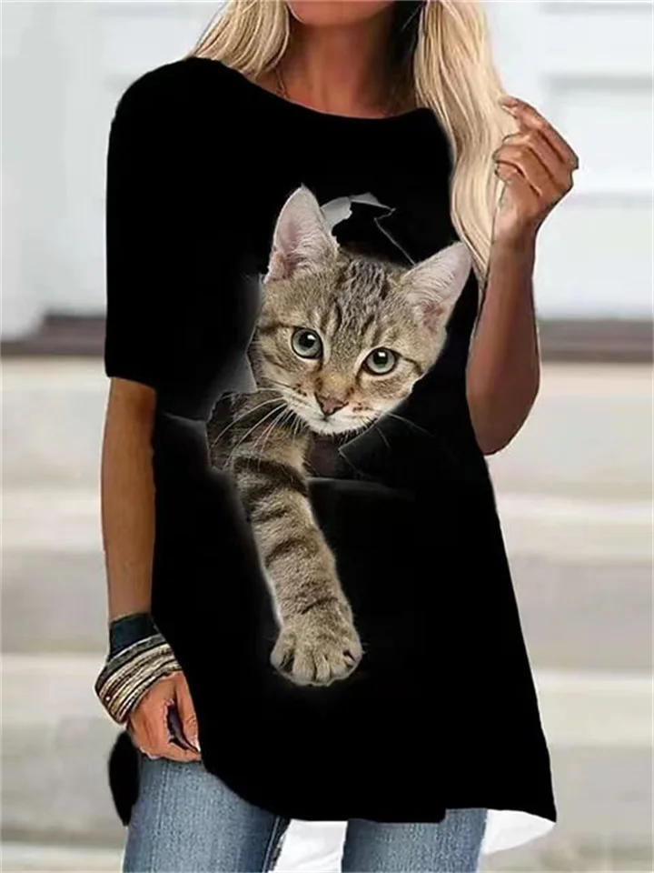 Cat Print Short-sleeved T-shirt Women's Casual Outer Wear Ladies T-shirt Black White-Cosfine