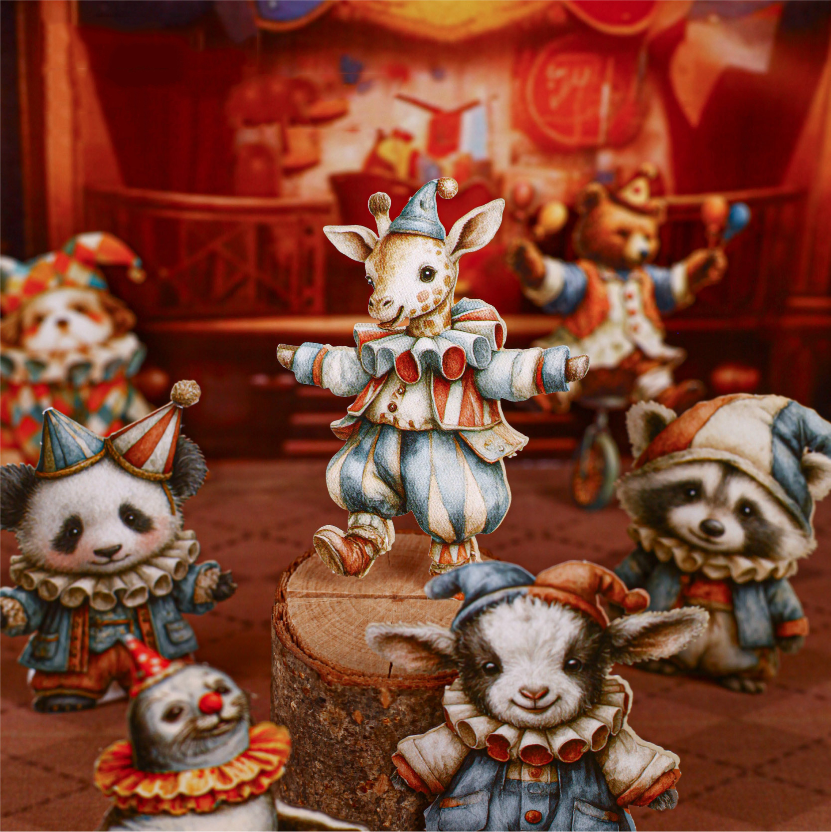 스티커 - 서커스 시리즈 귀여운 동물 광대 재미