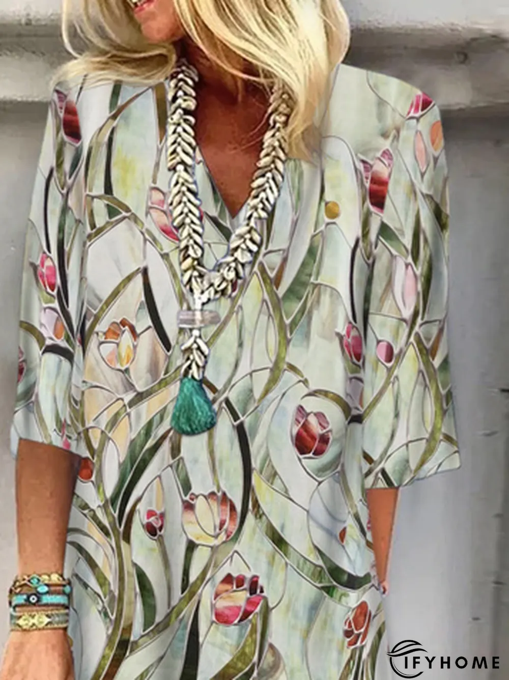 Floral Printed V Neck Loose Half-sleeve Dress | IFYHOME