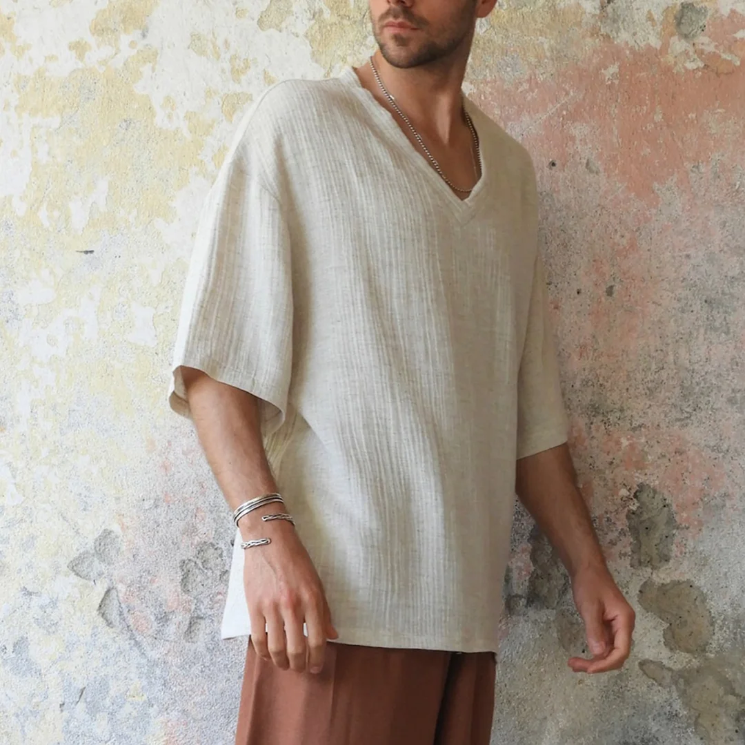 Men's Holiday Linen V-neck Short Sleeve Shirt-inspireuse