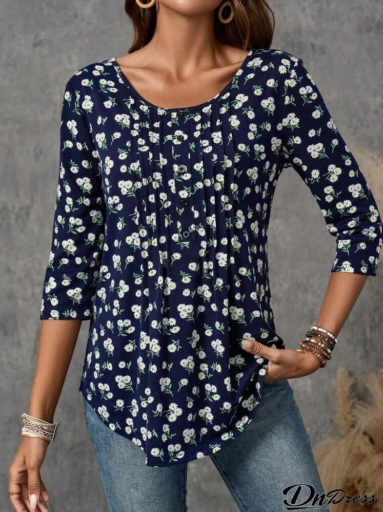 Women's Spring/Summer Ditsy Floral Round Neck 3/4 Sleeve Casual T-Shirt